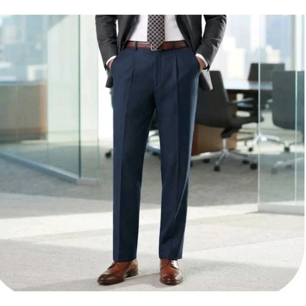 NWT Jos A Bank Executive Collection Mens Pants 40R Navy Blue 100% Wool Pleated